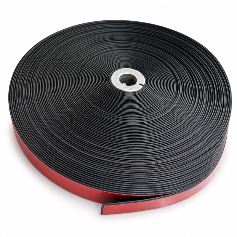 Coiled self-adhesive rubber sealing strip with red release liner