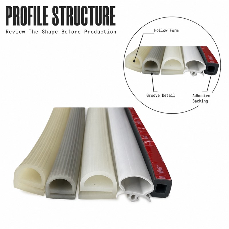 Custom profile seal structure: hollow form, surface finish, contact width and self-adhesive backing