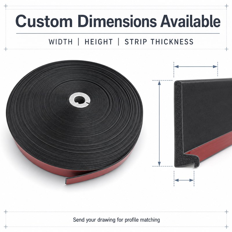 Custom dimensions available: width, height and strip thickness of sealing strip