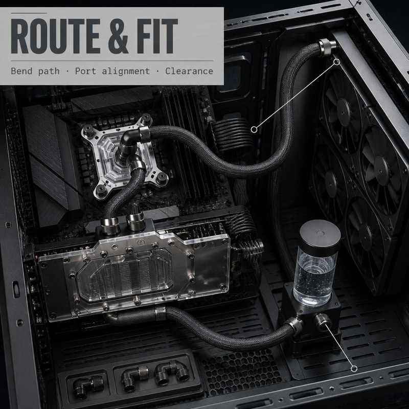 Illustrative PC case showing braided hose bends, port alignment and clearance