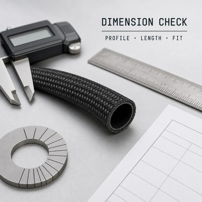 Illustration of a braided hose beside caliper, ruler and dimension worksheet