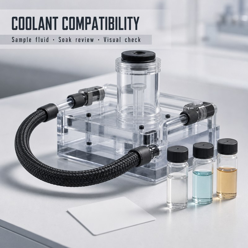 Illustrative coolant compatibility setup with hose loop and sample fluids