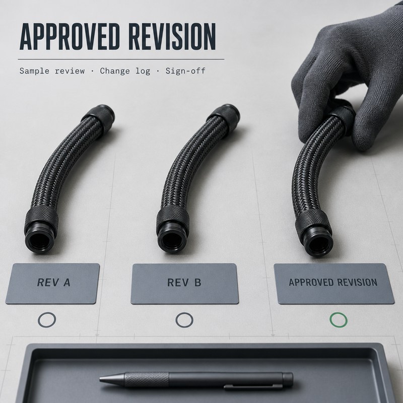 Illustrative hose samples marked as drawing revisions before sign-off