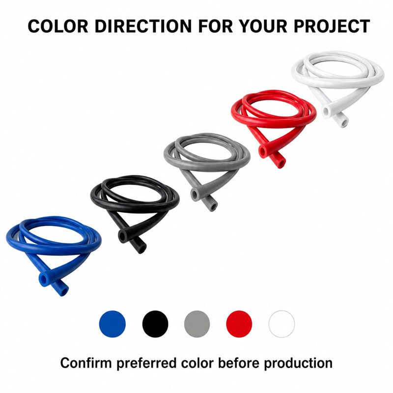 Silicone tubing color options illustrated in blue, black, grey, red and white