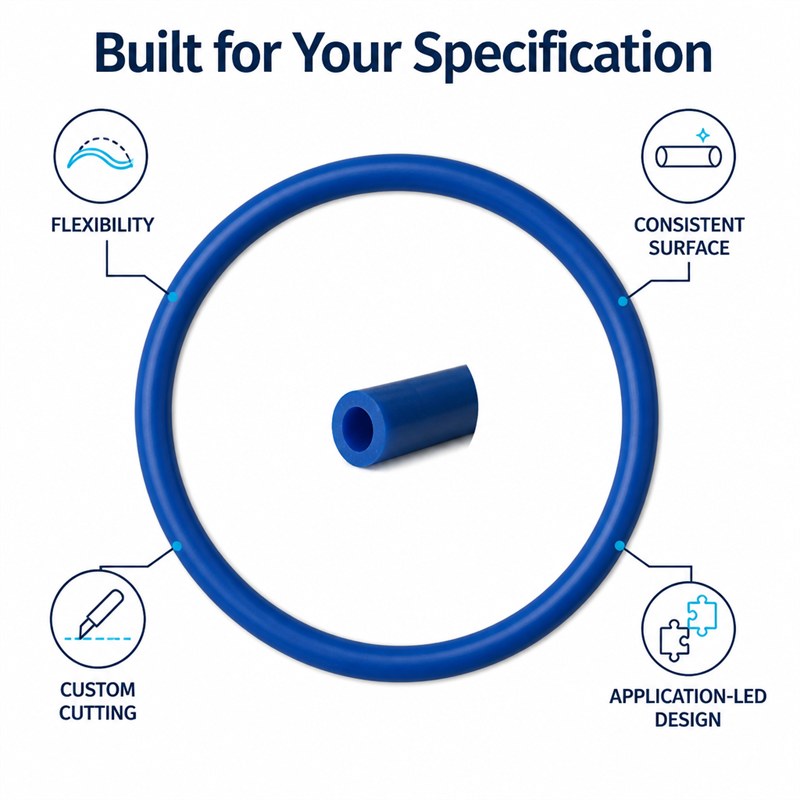 Blue silicone tube illustration with flexible routing, surface and cutting callouts