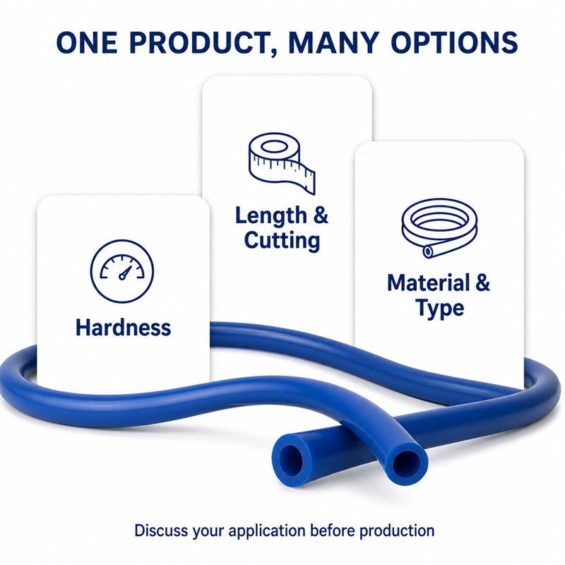 Silicone tube options illustration showing hardness, cut length and material choices