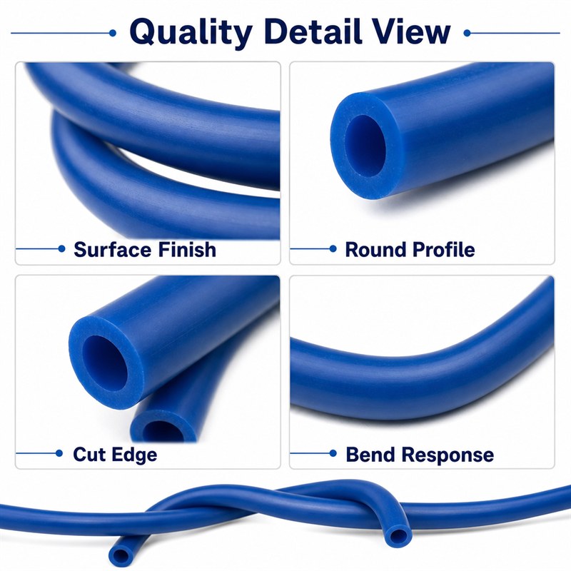 Silicone tubing detail illustrations showing surface finish, round profile, cut edge and bend response