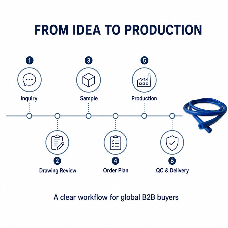 Custom tubing order workflow from inquiry and drawing review to sample, production and delivery