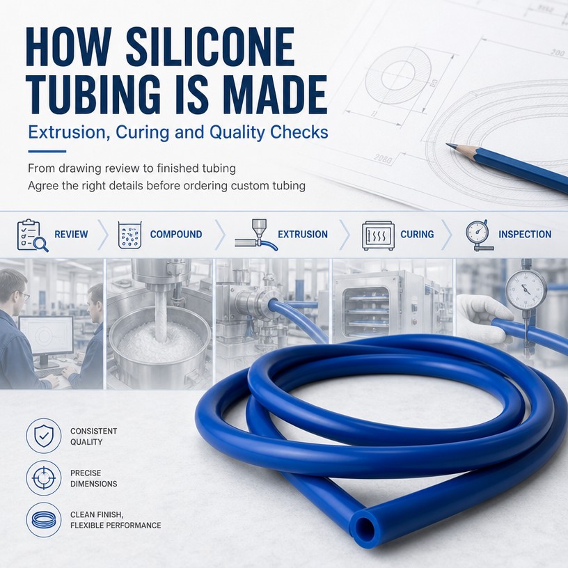 Blue silicone tubing coil with an open round tube end