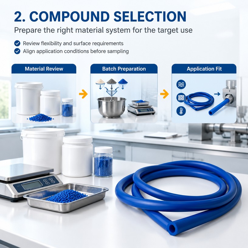 Silicone tubing color options illustrated in blue, black, grey, red and white