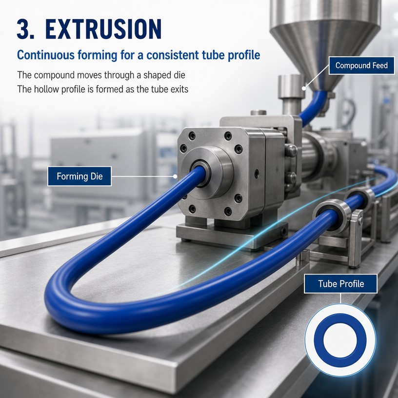 Blue silicone tube illustration with flexible routing, surface and cutting callouts