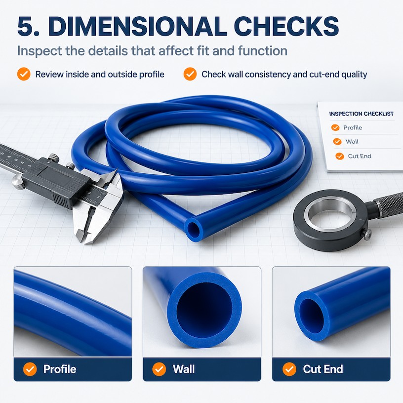 Silicone tubing detail illustrations showing surface finish, round profile, cut edge and bend response