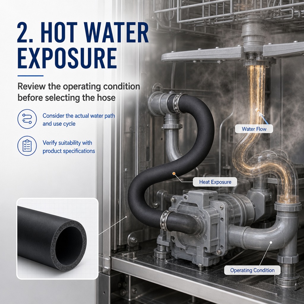 Illustration of hot water exposure when reviewing a dishwasher internal EPDM hose