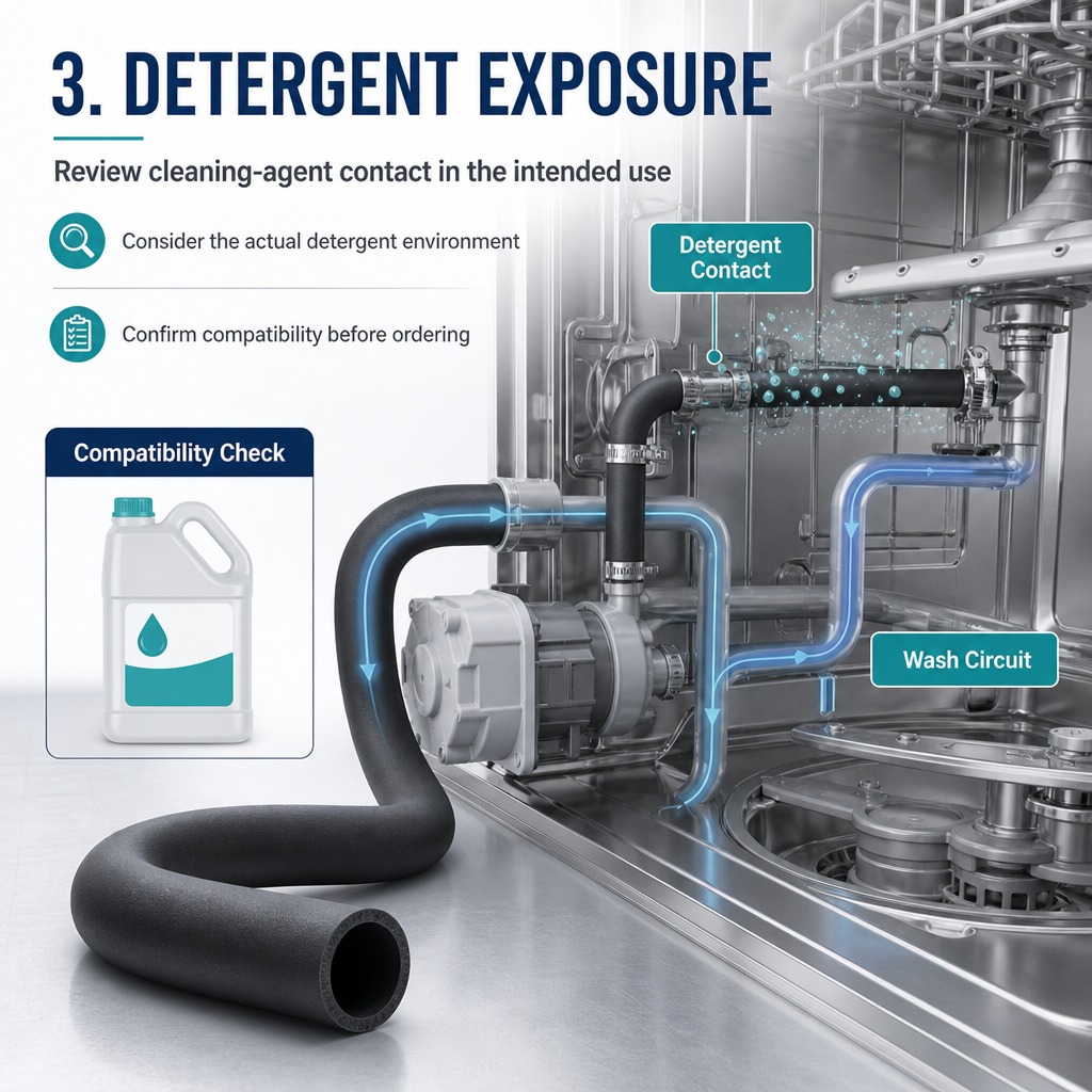 Illustration of detergent contact and compatibility review for a dishwasher hose