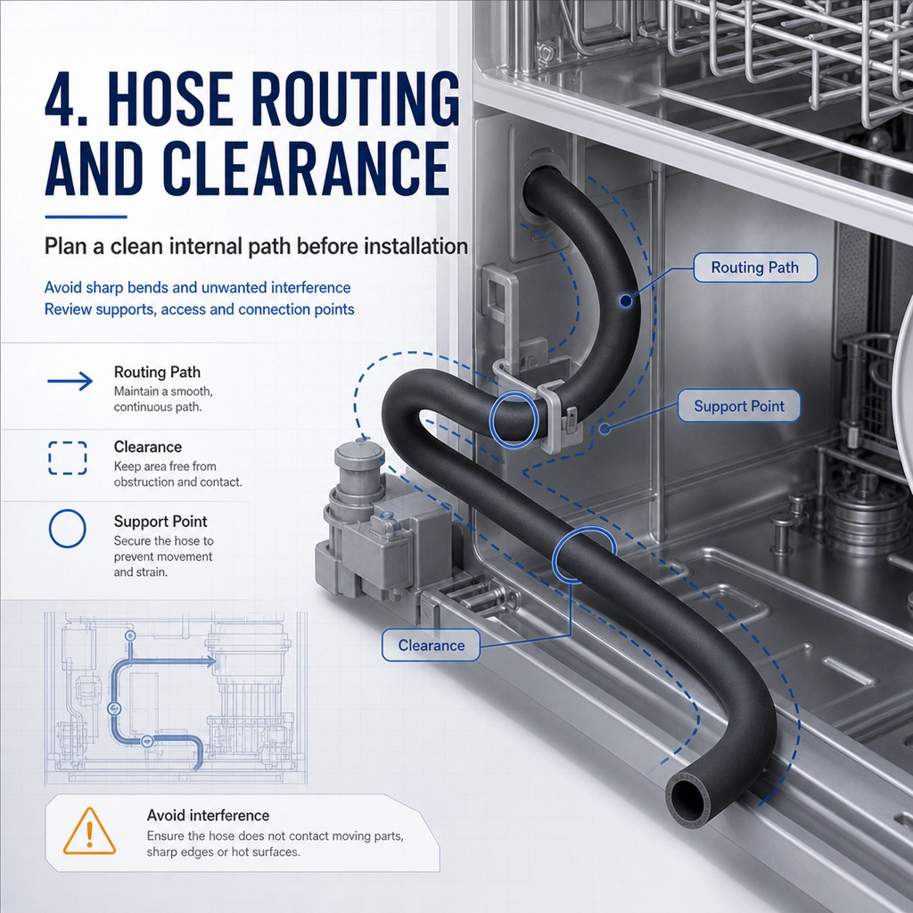 Illustration of dishwasher hose routing, support points and component clearance