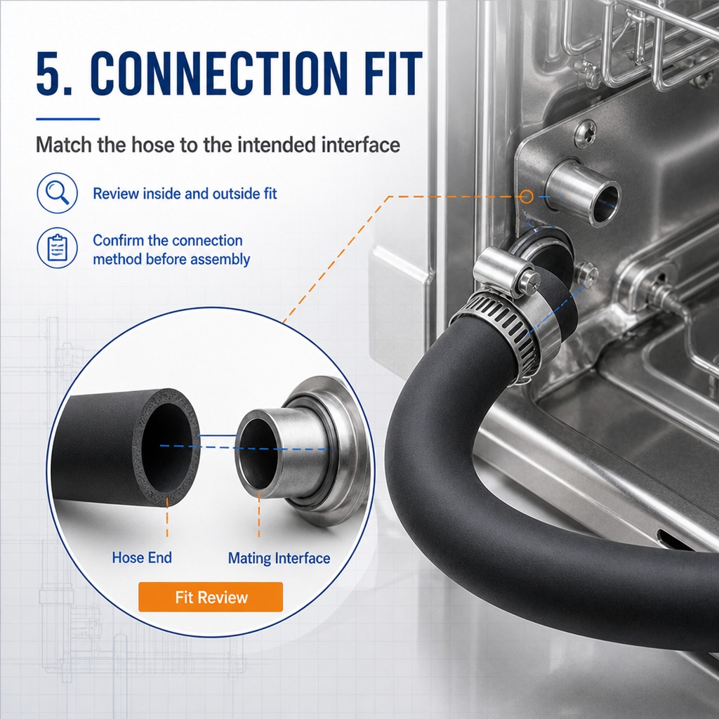 Illustration of EPDM hose end dimensions and dishwasher connection fit