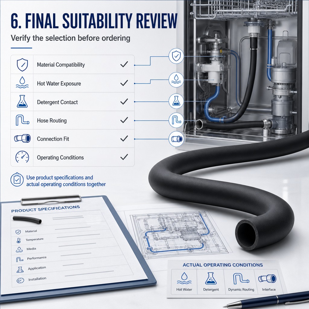 Illustrated final suitability checklist for dishwasher internal EPDM connections