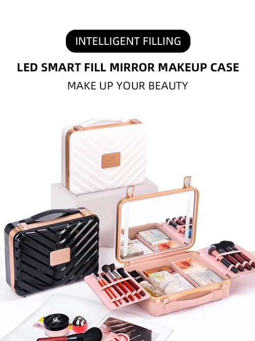 FKADI professional makeup bag with large capacity and high-end design, featuring a LED smart mirror for portable use anytime