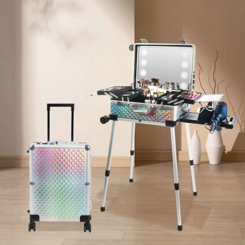 Personalized broken-resistant Cosmetic Luggage with hidden foot stand/ Makeup storage case with removable compartments for baber