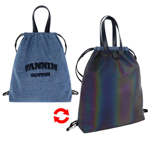 Custom double sided back folding drawstring pocket laser denim backpack