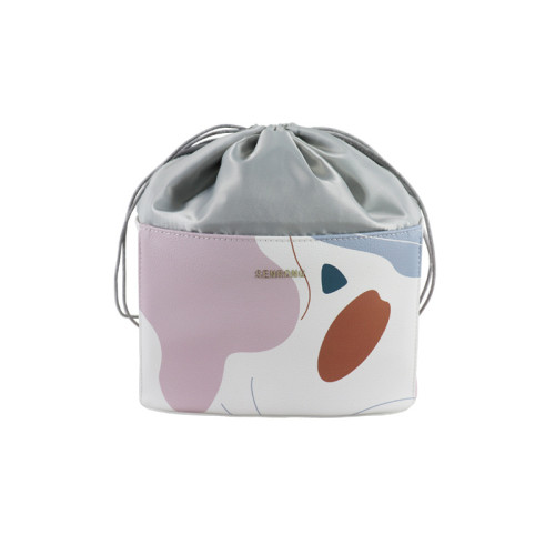 Custom cross print cosmetics storage bucket bag pu leather mahjong round bucket bag