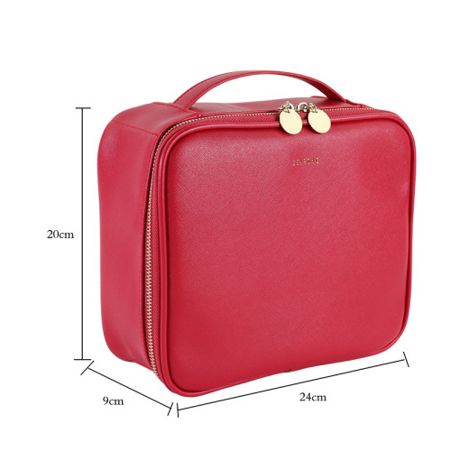 Custom PU leather makeup case with mirror makeup bag Portable leather partition makeup bag