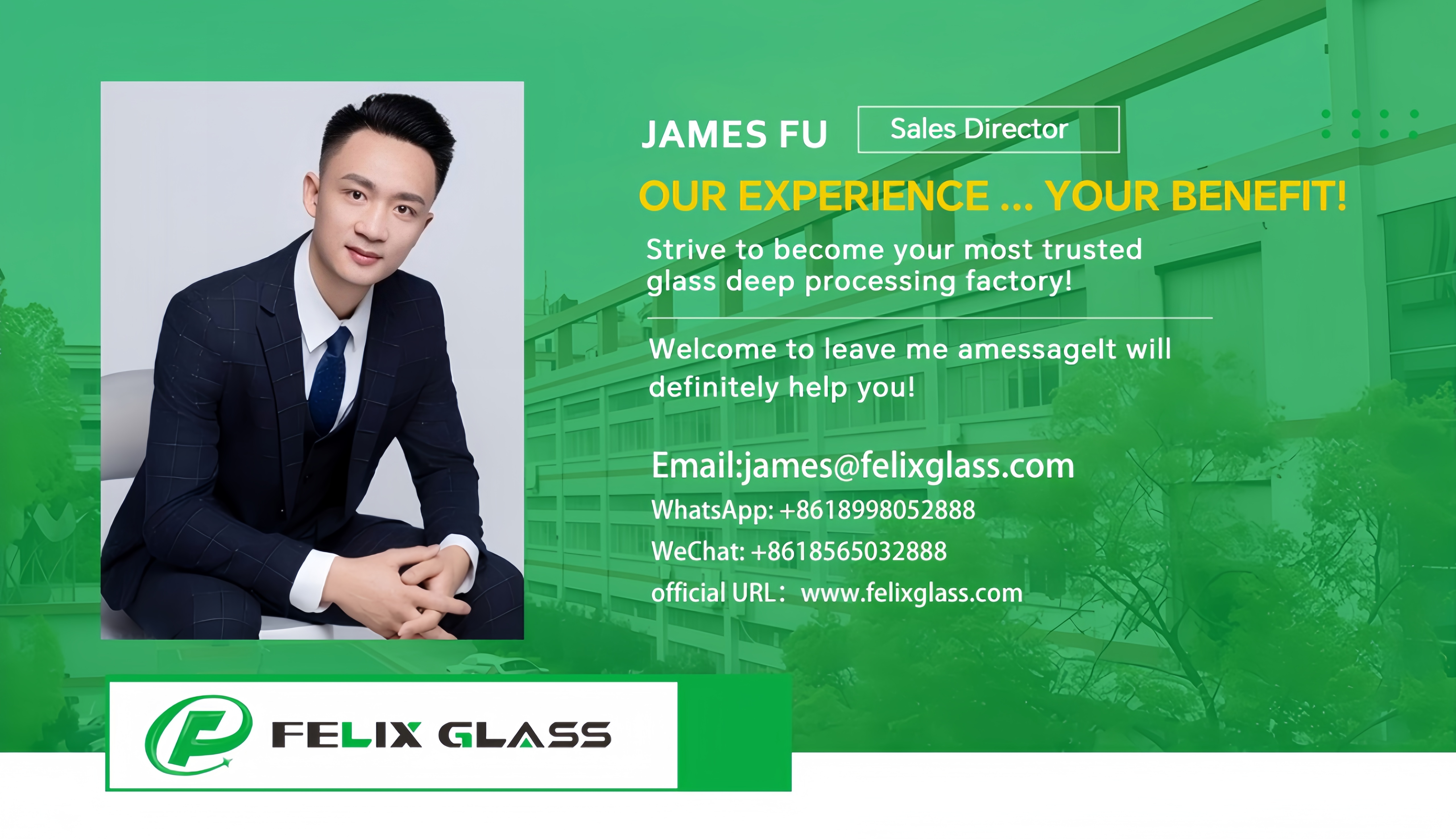 Sales Director James Fu from Felix Glass, contact info poster for optical glass deep‑processing factory