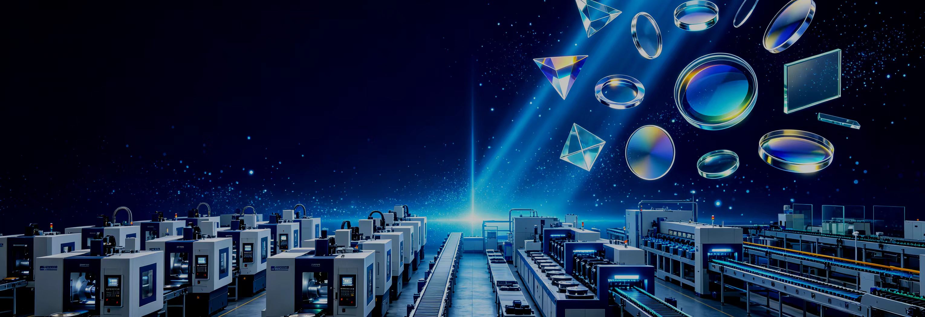 Felix Glass precision optical manufacturing clean workshop, full production CNC polishing coating lines with finished optical components including optical lenses, sapphire windows, optical prisms, custom technical glass for aerospace medical laser industry
