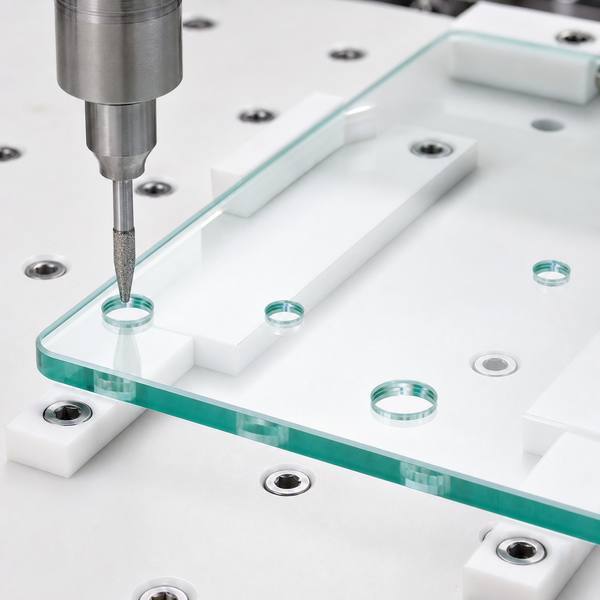 Custom glass plate with CNC drilled holes and counterbores