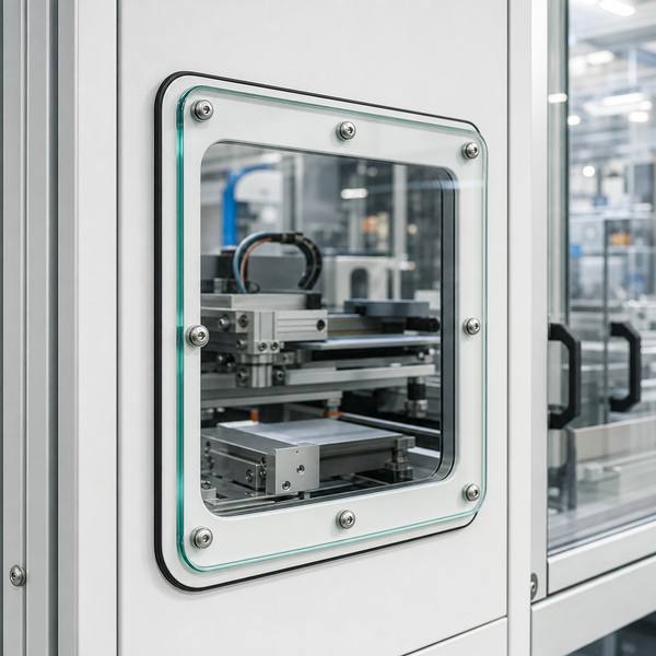 Custom glass observation window installed on automation equipment