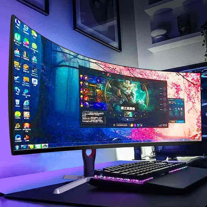 Ultrawide curved gaming monitor protective glass desktop real scene