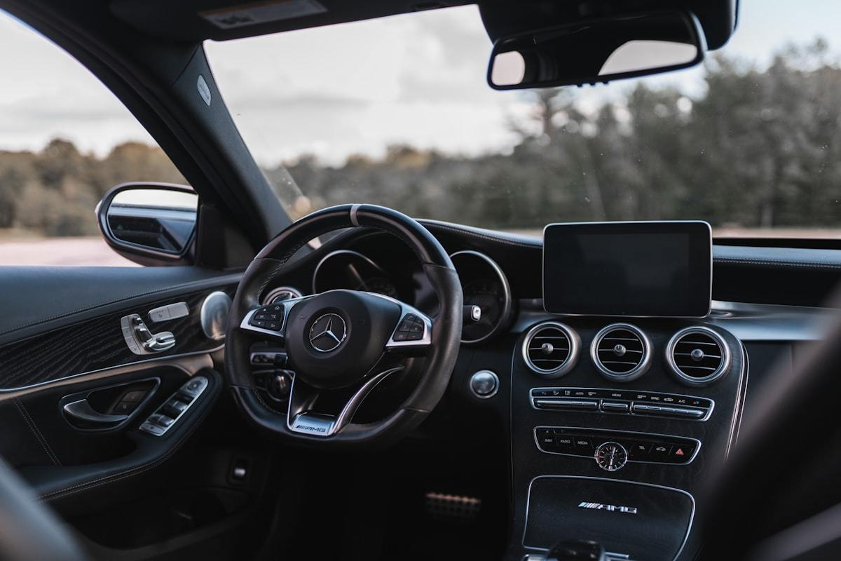 Premium vehicle interior with dashboard display and central control touch screen