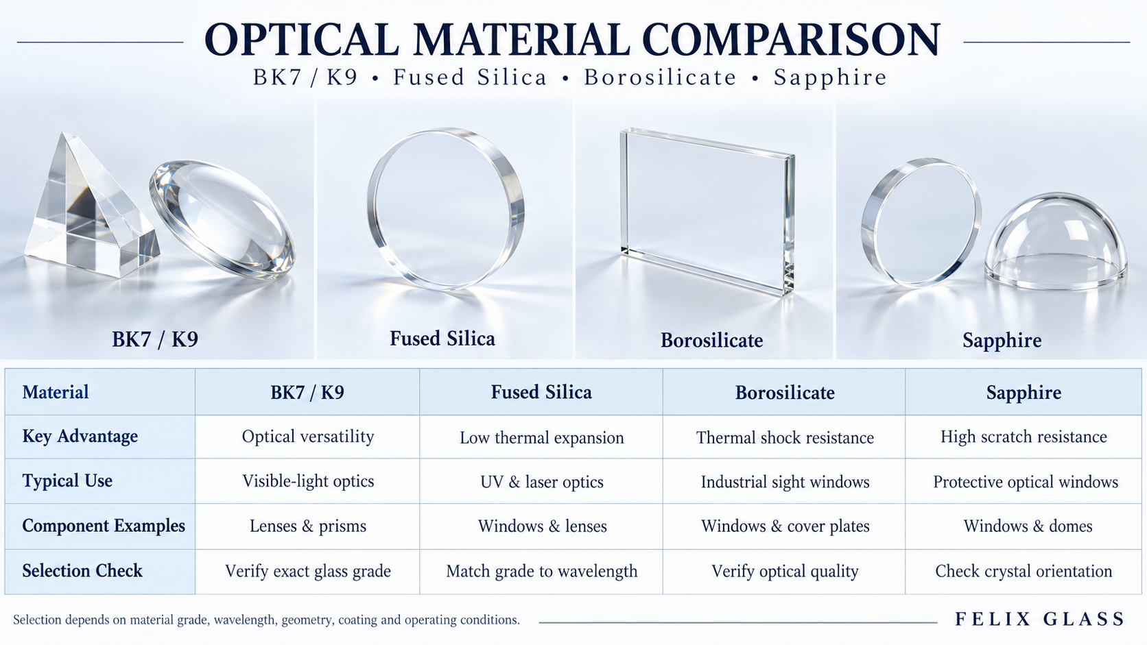 BK7 K9 Fused Silica Borosilicate Sapphire Comparison Table Felix Glass