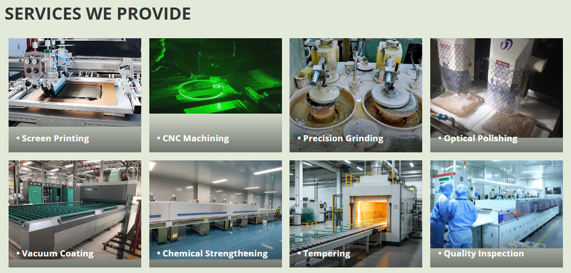 Felix Glass optical factory banner, precision CNC production line with finished optical lenses, prisms and optical windows