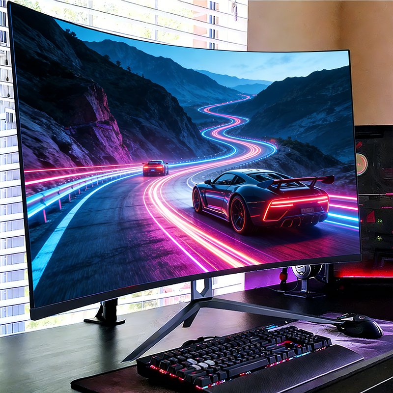 Curved display cover glass on anime wallpaper gaming monitor desktop
