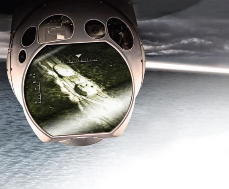 Real airborne ISR EO IR turret equipped with multi-aperture sapphire protective windows, high altitude military surveillance electro-optical system