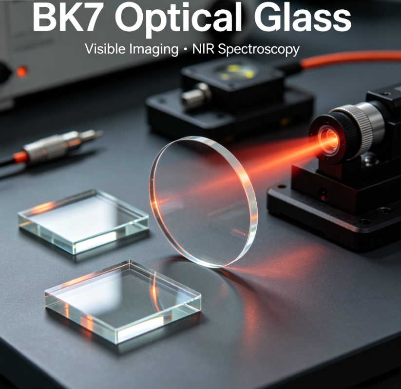 BK7 optical glass blanks for visible imaging and NIR spectroscopy, borosilicate crown glass substrate with red near-infrared laser test, used for imaging lenses, low-power NIR laser windows and spectral instruments, not suitable for UV applications