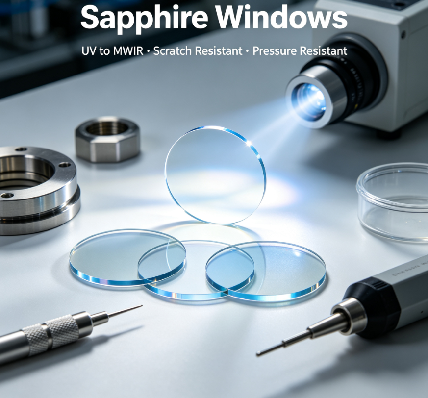 Single-crystal sapphire optical windows for high durability laboratory applications, broadband transmission from 150 nm UV to 5.5 μm MWIR, Mohs 9 scratch resistant, pressure resistant, superior to fused silica and BK7 glass for corrosive & high-pressure lab environments