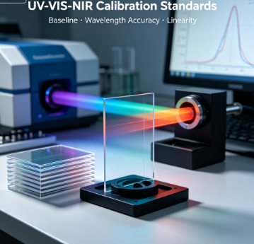 UV-VIS and NIR spectrophotometer calibration reference optical flats and calibration windows, for baseline correction, wavelength accuracy verification and photometric linearity testing, NIST-traceable transmission certification, compatible with scanning spectrophotometers and diode-array instruments