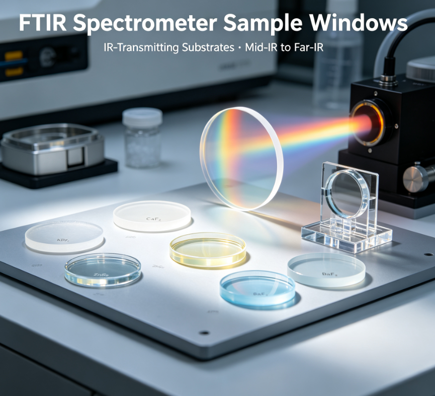 FTIR spectrometer IR-transmitting sample windows for liquid cells, ATR crystal mounting plates and gas cell end windows, KBr, CaF2, ZnSe, BaF2, BK7 and fused silica substrates for mid-IR to far-IR spectroscopy