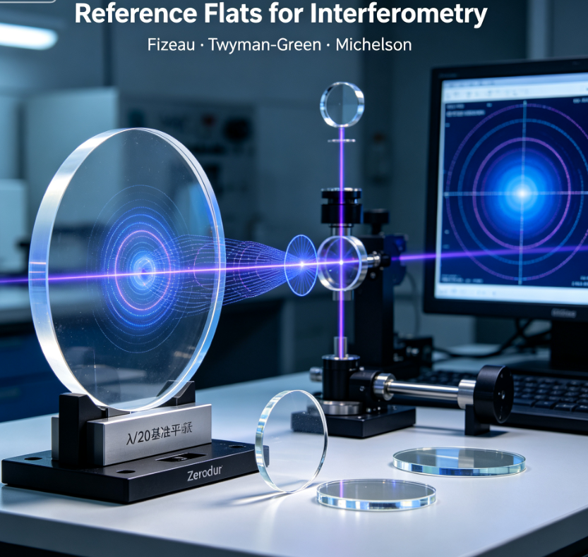 Interferometric metrology reference optical flats with λ/20 surface flatness, for Fizeau, Twyman-Green and Michelson interferometer setups, fused silica and low-expansion glass substrates for optical testing laboratories