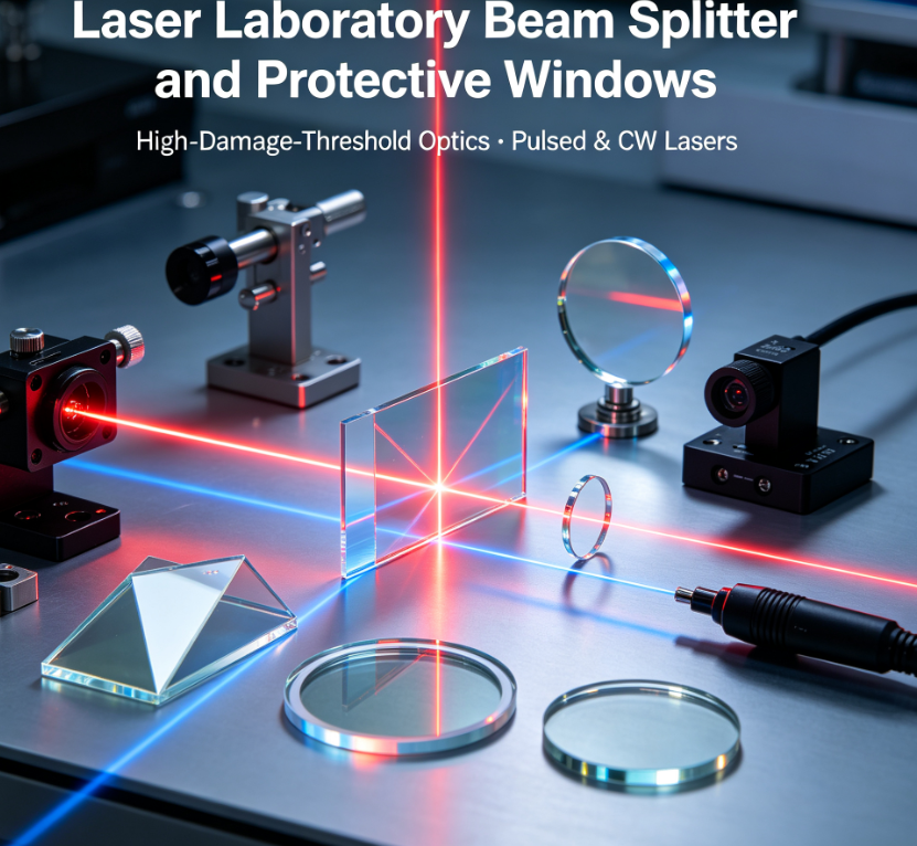 Laser laboratory beam splitter and protective optical windows, high laser damage threshold, laser-grade surface quality, low-absorption coating options, for beam splitting, beam sampling and protection in pulsed and CW laser systems, Nd:YAG, Ti:Sapphire and excimer wavelengths