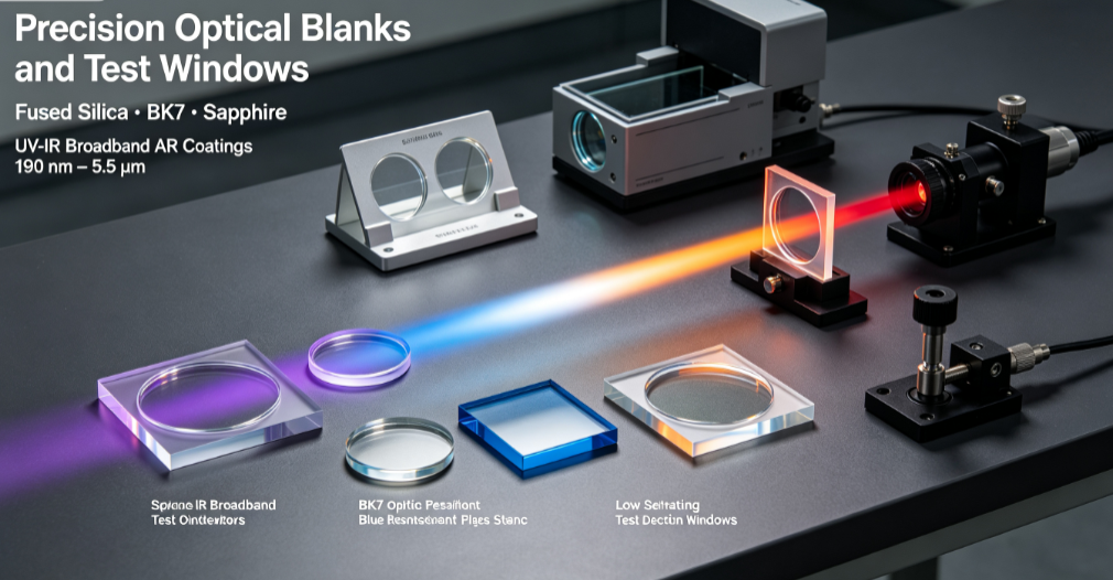 Custom precision optical blanks and test windows made of fused silica, BK7 and sapphire, λ/10 PV surface flatness, broadband anti-reflection coating 190nm to 5.5μm, for university lab spectroscopy instruments and interferometric reference measurement