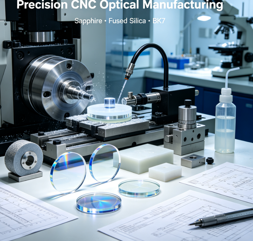 Felix Glass custom CNC precision machined sapphire, fused silica and BK7 optical glass components for all industrial, medical, aerospace and lab optical equipment