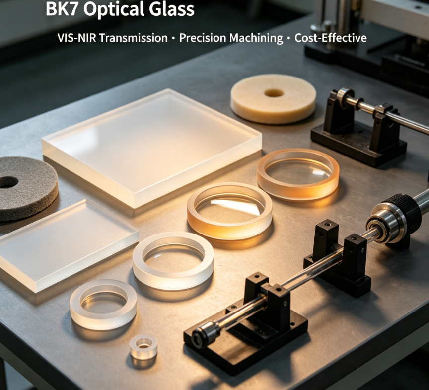 BK7 borosilicate optical glass, 350 nm–2 μm visible-NIR transmission, cost-effective easy machining for general laboratory and laser optical components