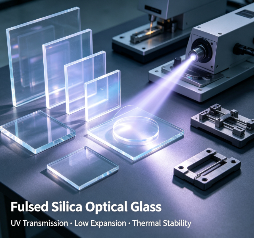 UV-grade fused silica optical blank, 185 nm–2.1 μm broadband transmission, ultra-low CTE, high laser damage threshold for UV spectroscopy & interferometry