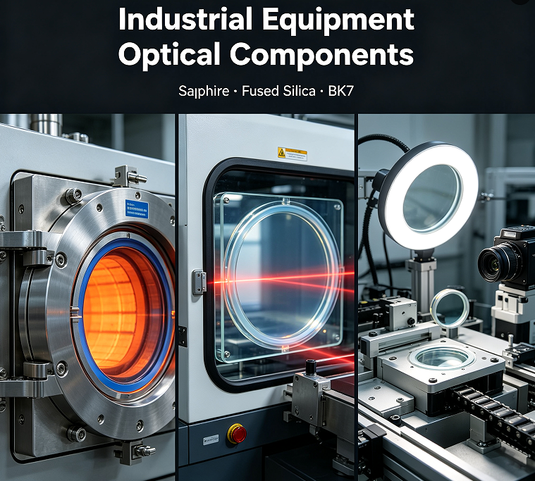 Industrial equipment optical components, sapphire high-temperature furnace viewports, fused silica laser protective windows, BK7 machine vision inspection windows, CNC machined with custom flange and O-ring grooves for thermal cycling & chemical resistant industrial processing