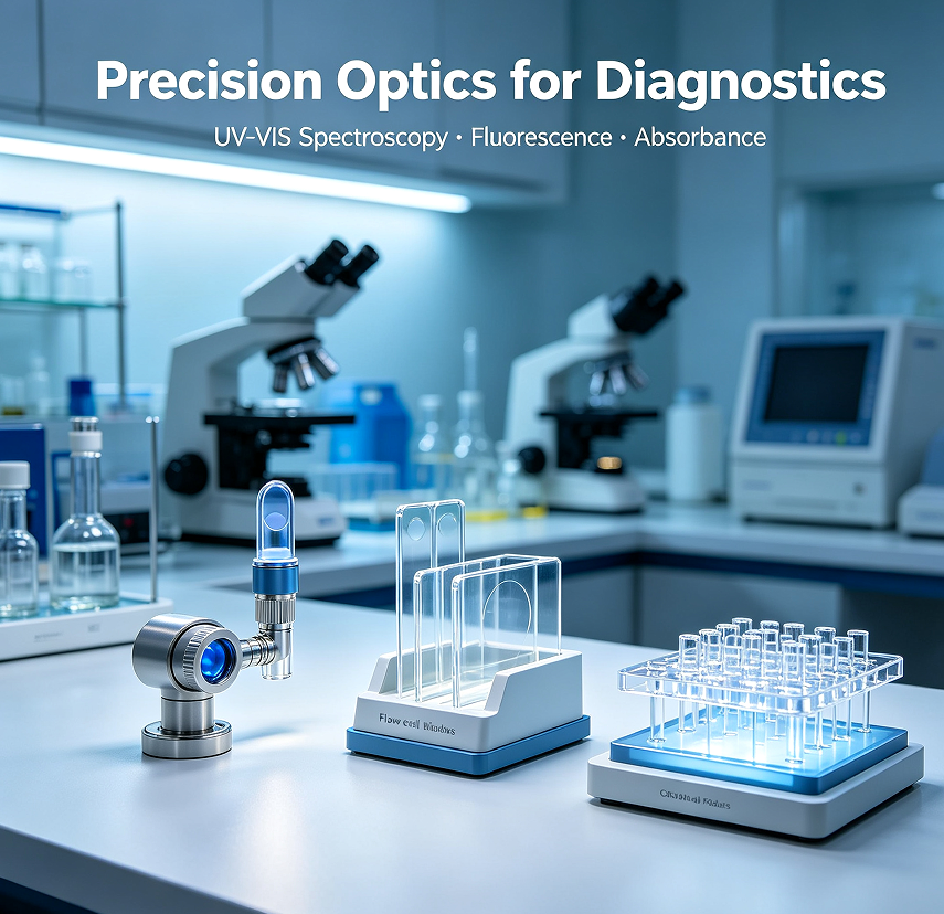 Medical device and laboratory optical components, biocompatible sapphire sensor windows for in-vivo and ex-vivo diagnostics, fused silica cuvette blanks and flow-cell windows for UV-VIS spectroscopy, CNC multi-well optical plates for fluorescence and absorbance readers, full material traceability and sterilization compatibility documentation