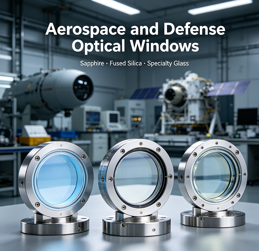 Aerospace and defense optical windows, sapphire EO/IR sensor windows with broadband AR coating 0.5–5 μm, fused silica laser rangefinder windows with high LIDT coating, CNC mounting flanges with parallelism to 10 arc seconds, qualified for airborne, space-based and ground defense applications, MIL-STD-810 environmental test reports available