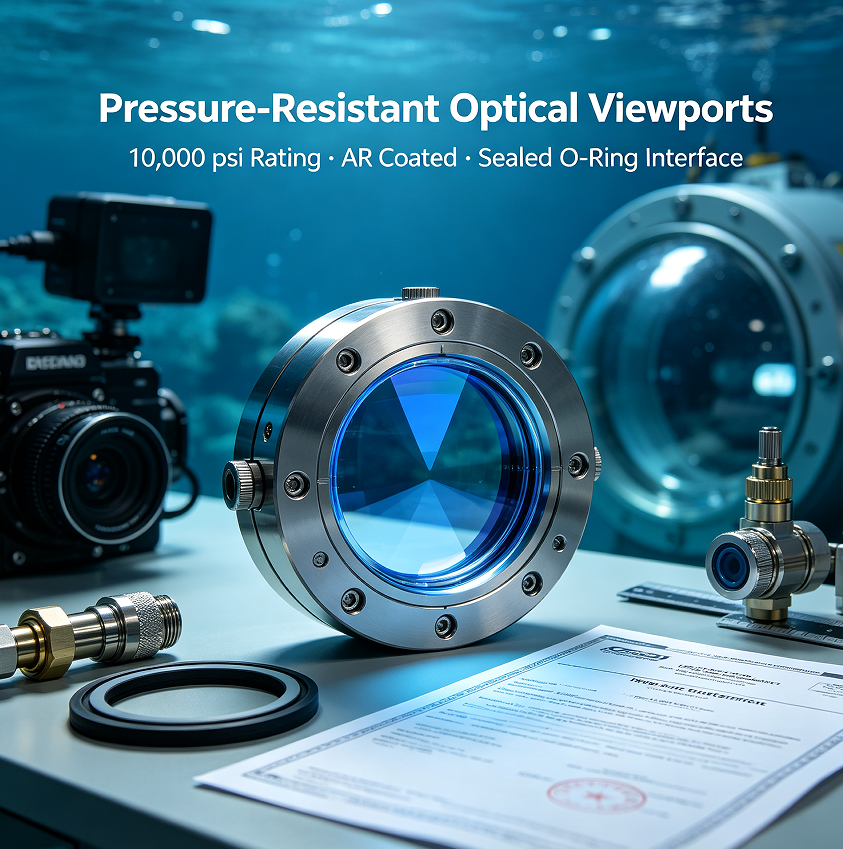 Underwater detection optical viewport windows, subsea optical sensor systems, underwater cameras and marine detection equipment require pressure-resistant optical windows with clear optics and structural integrity at depth. CNC-machined sapphire viewport windows rated above 10,000 psi, toughened optical glass, CNC conical seat geometry for pressure-sealing O-ring interfaces, anti-reflective coating for underwater visible transmission, hydrostatic pressure test certification available